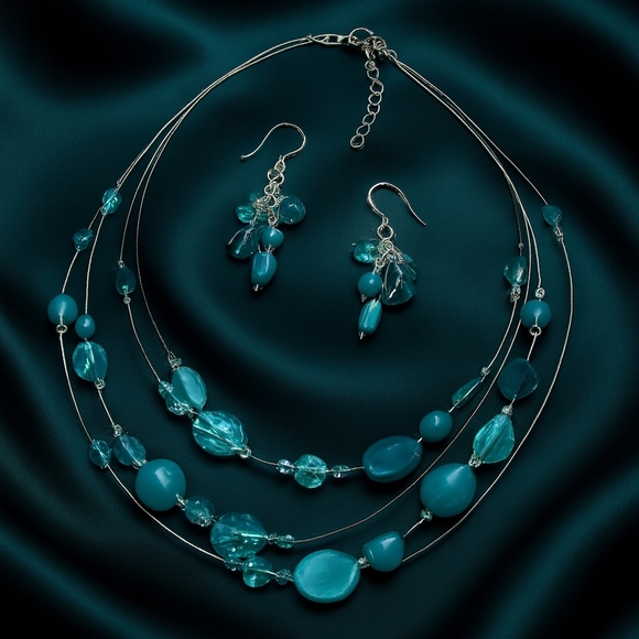 Jewelry - Turquoise Layered Necklace, Earrings Set – Multi-Strand Beaded Statement Jewelry